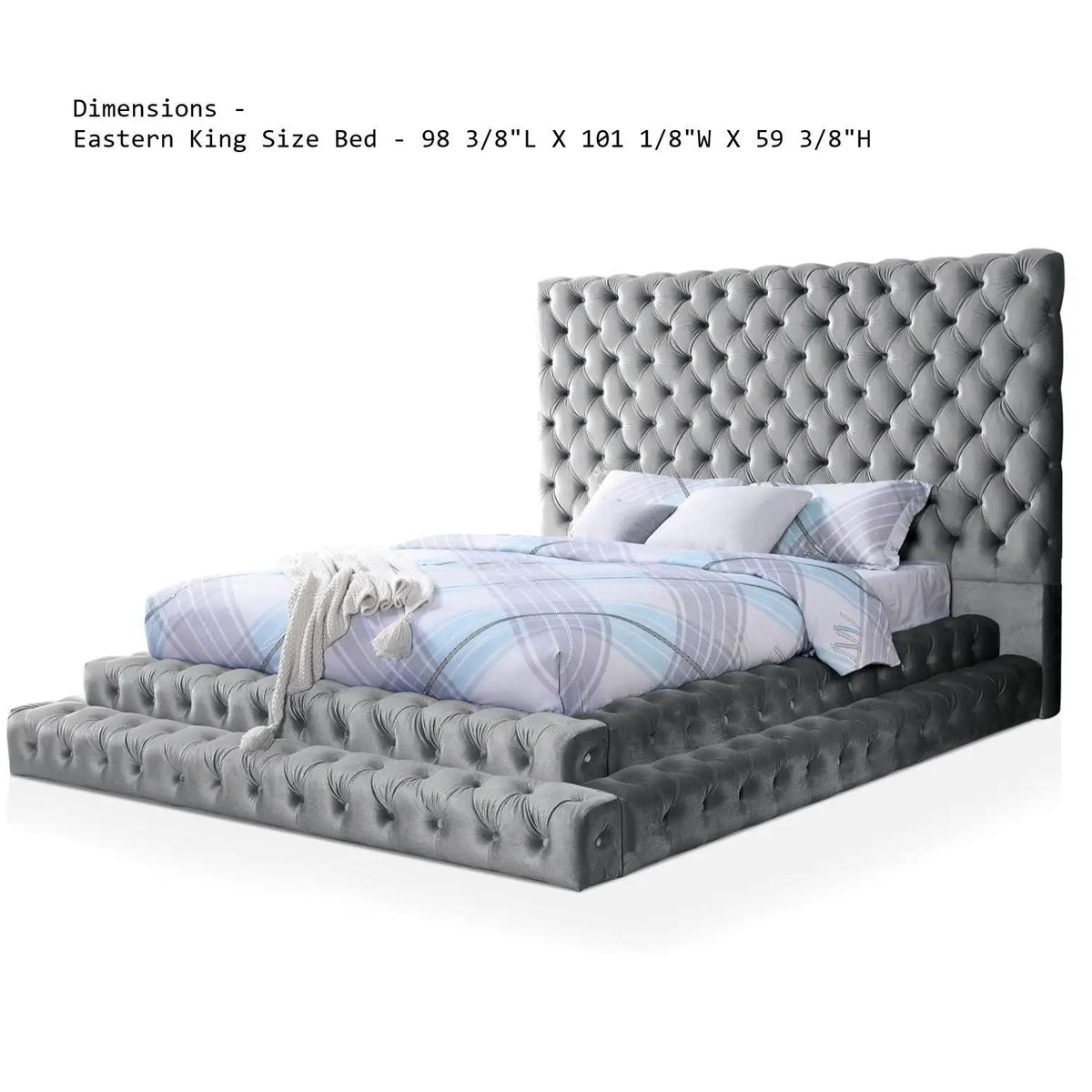 Tufted Platform Bed | Oversized Headboard | Fully Upholstered Frame | Glam Design