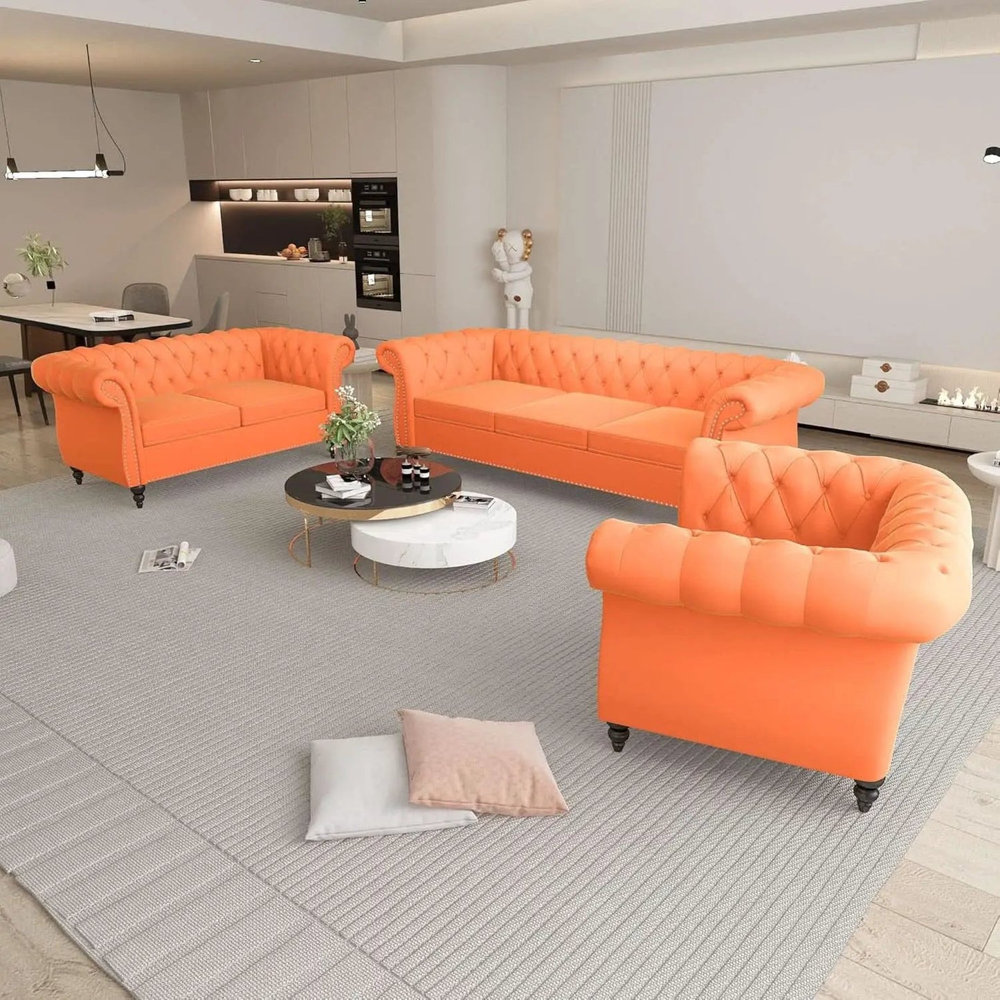 Three Piece Orange Sectional Sofa Set Tufted Living Room from PriceLows™