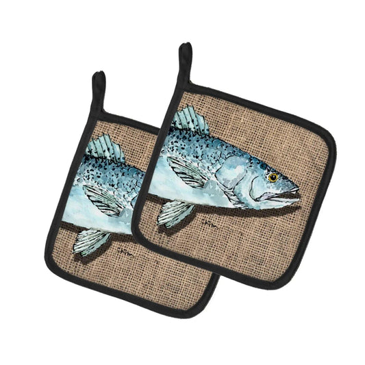 Pot Holder Set of 2 | Heat Resistant Quilted Hot Pads | 7.5 x 7.5 Inch | Fish Speckled Trout