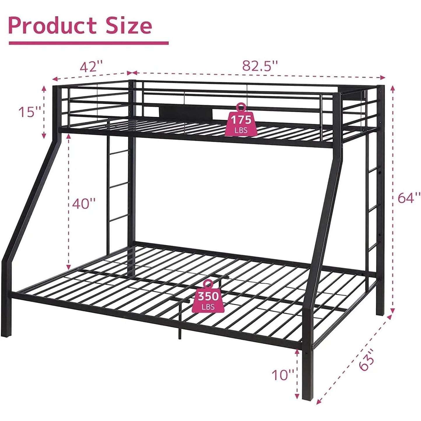 Twin XL Queen Bunk Bed In Sandy Black Finish Metal Slats from PriceLows™