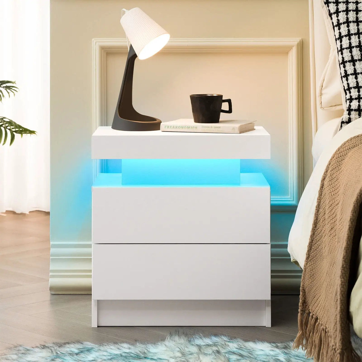 Modern Bedside Table | Adjustable LED Lights | Two Drawers | White