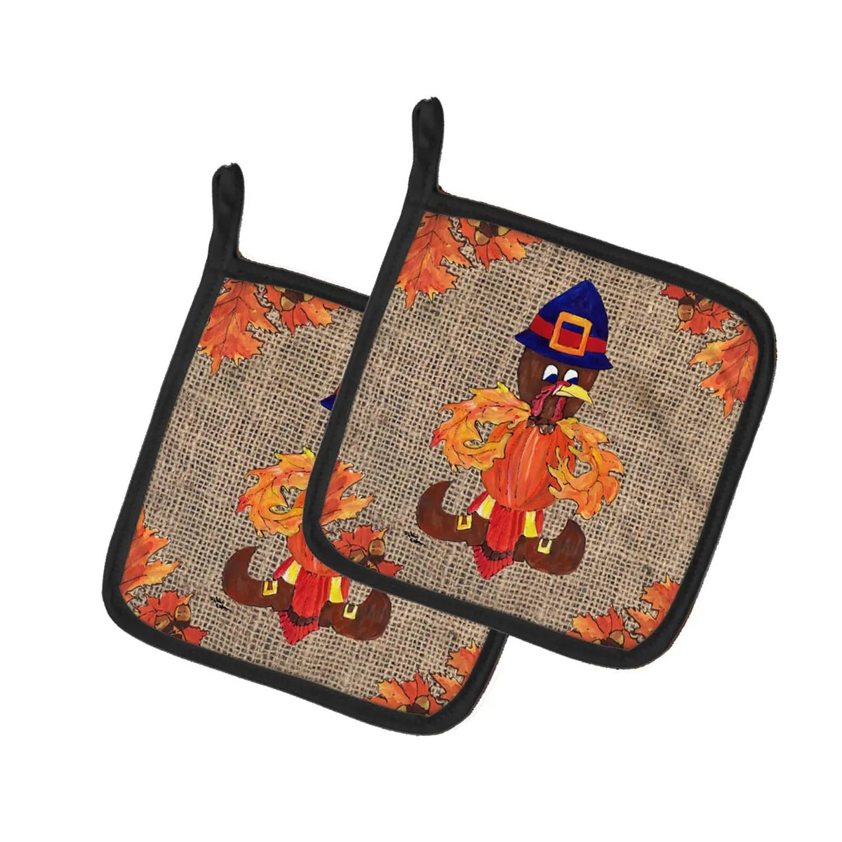 Pot Holder Set of 2 | Heat Resistant Quilted Hot Pads | 7.5 x 7.5 Inch | Thanksgiving Turkey Fleur de lis on Faux Burlap (Style 2)