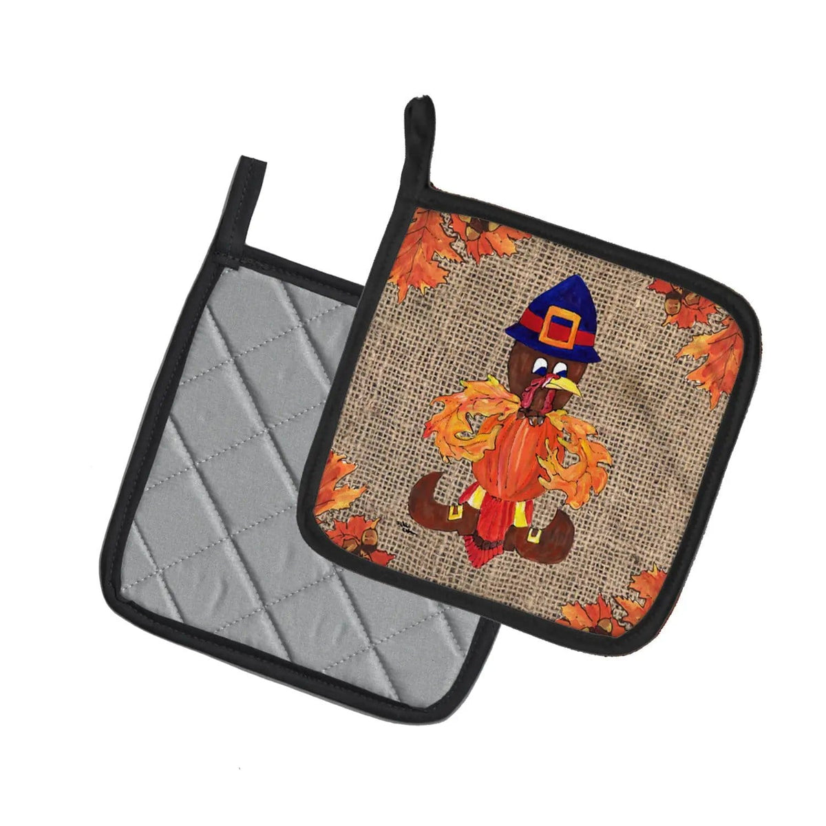 Pot Holder Set of 2 | Heat Resistant Quilted Hot Pads | 7.5 x 7.5 Inch | Thanksgiving Turkey Fleur de lis on Faux Burlap (Style 2)