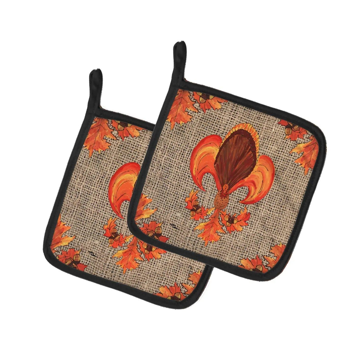 Pot Holder Set of 2 | Heat Resistant Quilted Hot Pads | 7.5 x 7.5 Inch | Thanksgiving Turkey Fleur de lis on Faux Burlap