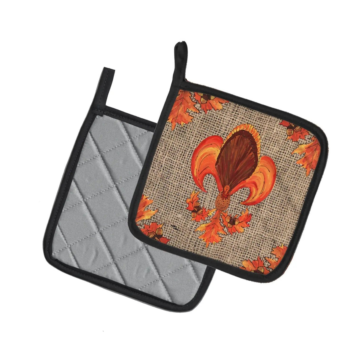 Pot Holder Set of 2 | Heat Resistant Quilted Hot Pads | 7.5 x 7.5 Inch | Thanksgiving Turkey Fleur de lis on Faux Burlap
