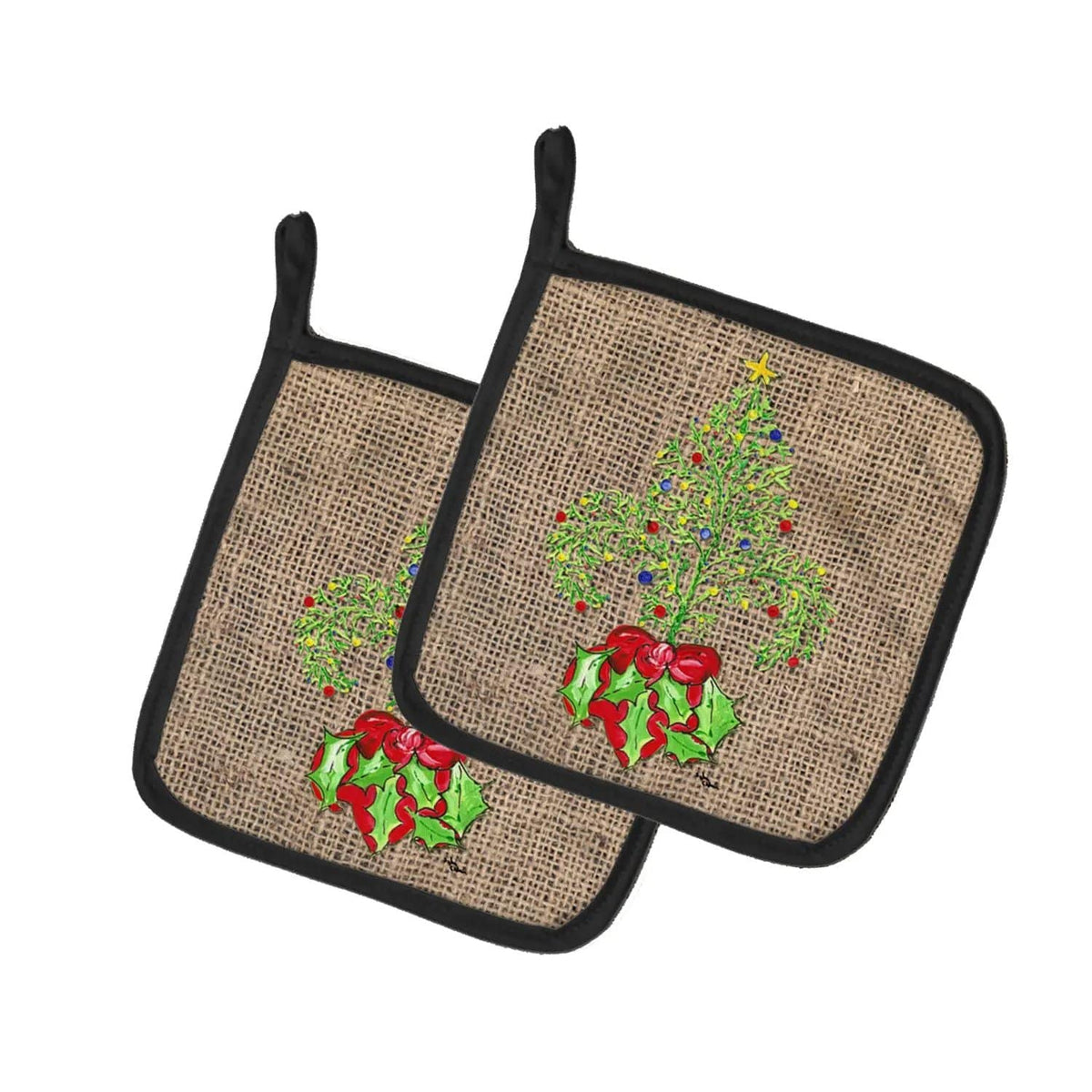 Pot Holder Set of 2 | Heat Resistant Quilted Hot Pads | 7.5 x 7.5 Inch | Christmas Tree Fleur de lis on Faux Burlap