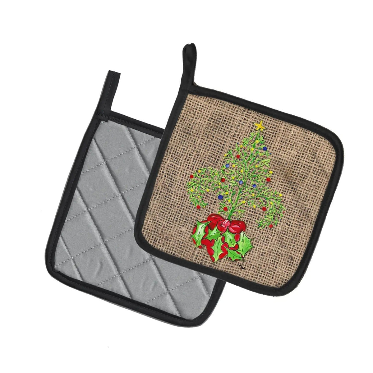 Pot Holder Set of 2 | Heat Resistant Quilted Hot Pads | 7.5 x 7.5 Inch | Christmas Tree Fleur de lis on Faux Burlap