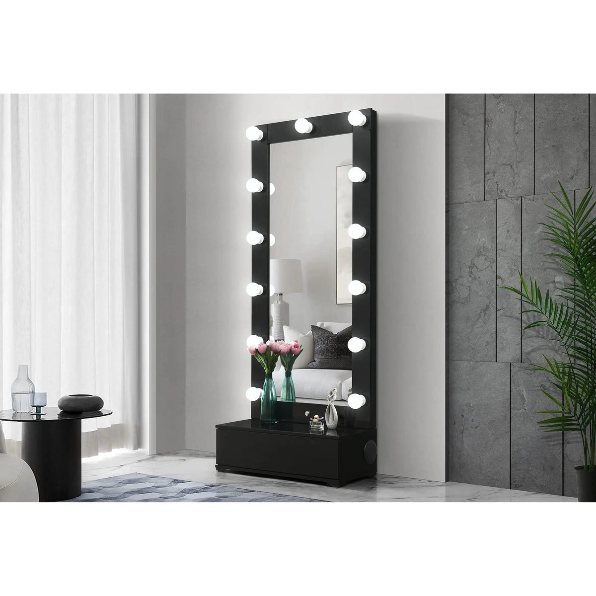 Elisa Narrow Tall Mirror With Speaker And Drawer | 30.08 x 14.96 x 74.41 in | Wood | Home