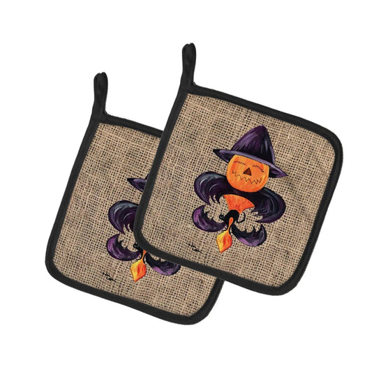 Pot Holder Set of 2 | Heat Resistant Quilted Hot Pads | 7.5 x 7.5 Inch | Halloween Pumpkin and Bat Fleur de lis on Faux Burlap