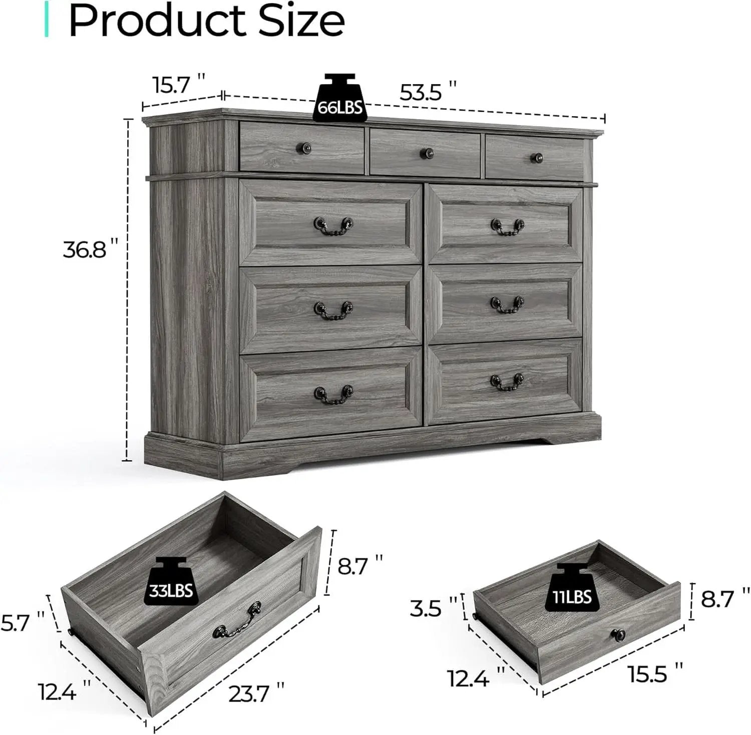 Grey 9-Drawer SolidWood Dresser For Bedroom Storage from PriceLows™