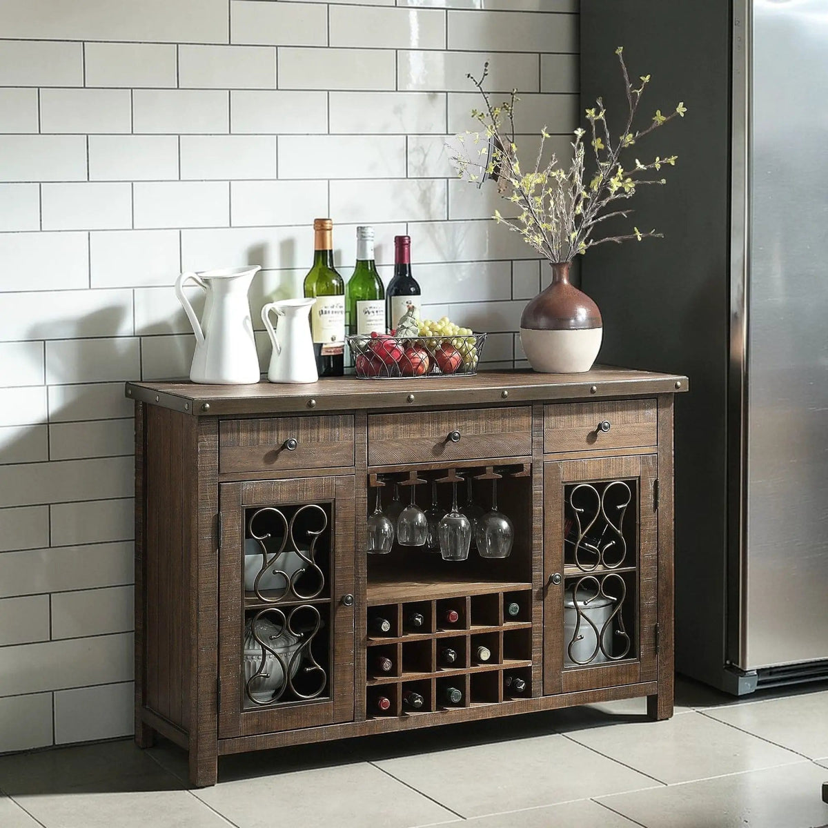 Raphaela Server With Cup Holder & Wine Rack | 18 x 56 x 36 in | Metal | Cherry