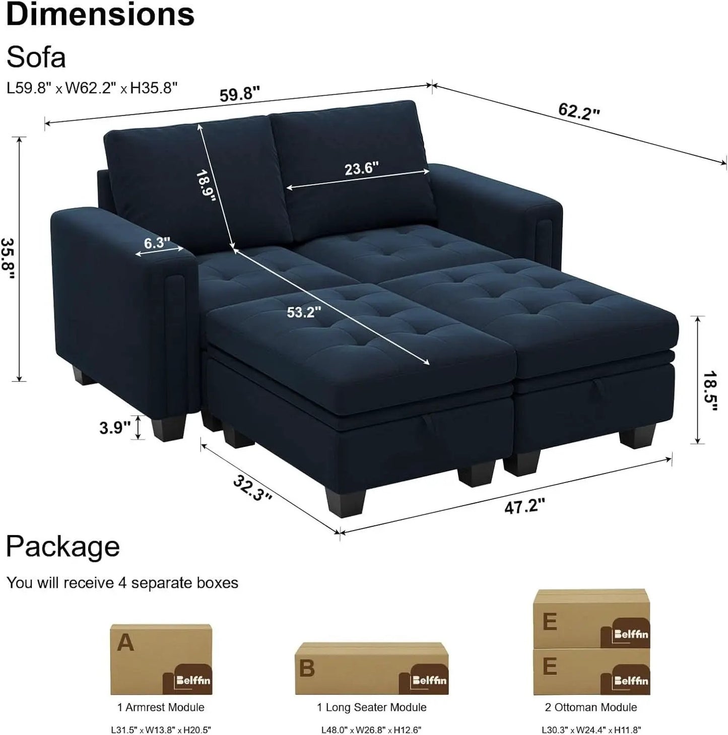 Velvet Modular Sectional Sofa With Storage Sleeper Blue from PriceLows™