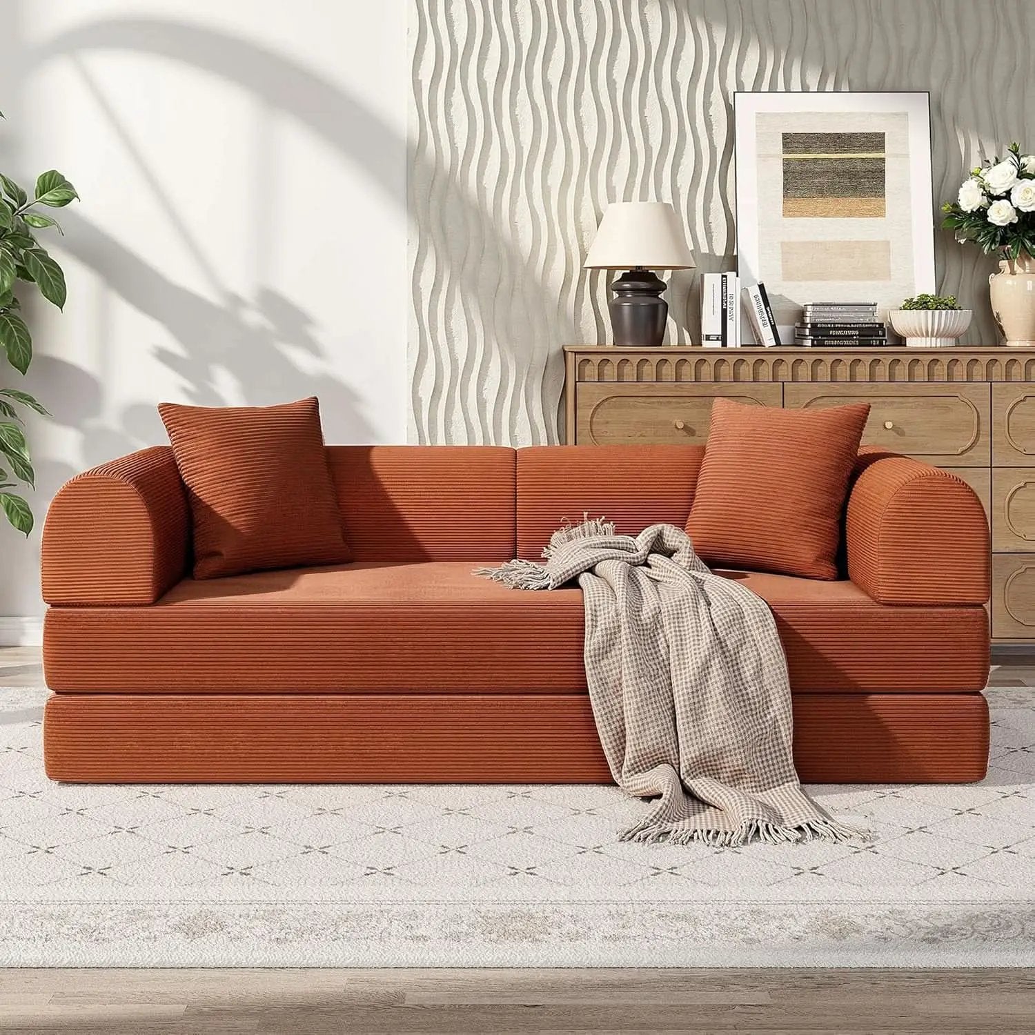 79 Inch Convertible Sofa Bed Orange CorduroyPillows from PriceLows™