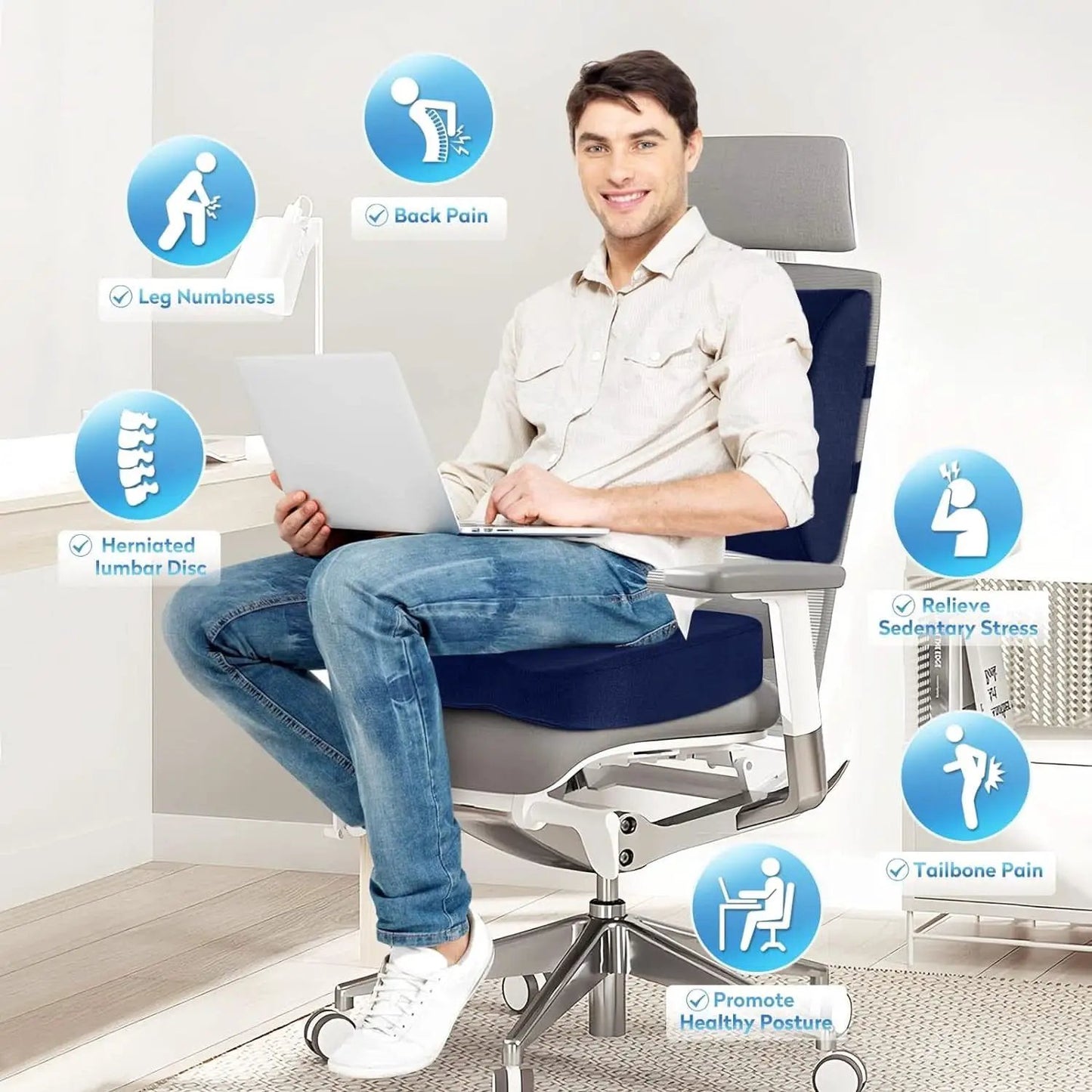 Blue Memory Foam Seat Cushion For Office Chair Lumbar from PriceLows™