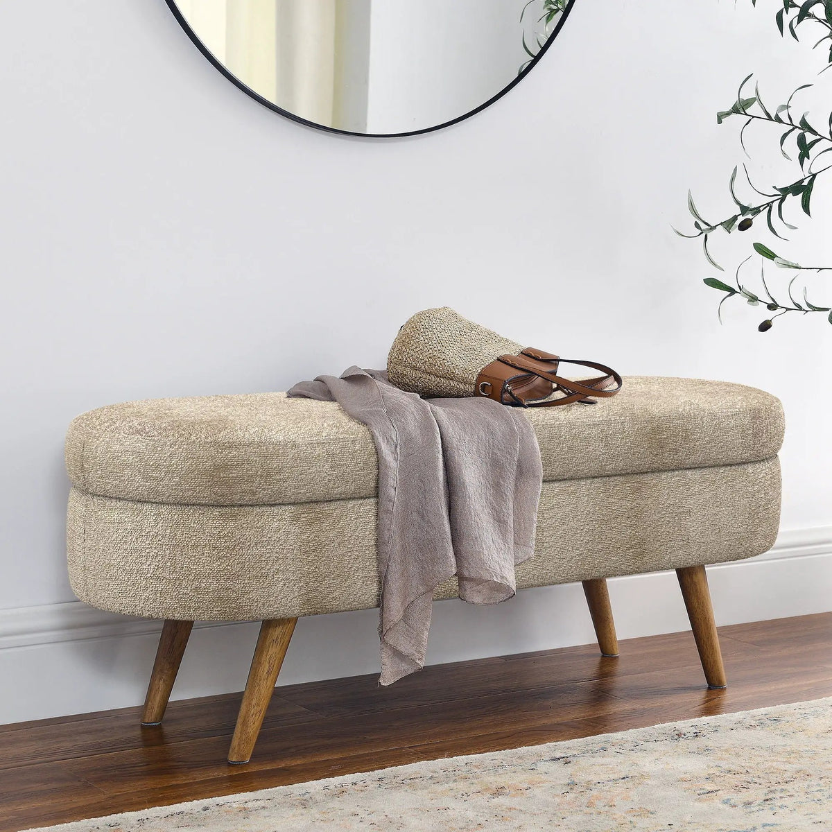 Oval Storage Ottoman Bench | Rubber Wood Legs | Pleated Dark Fabric | Footstool Or Extra Seating