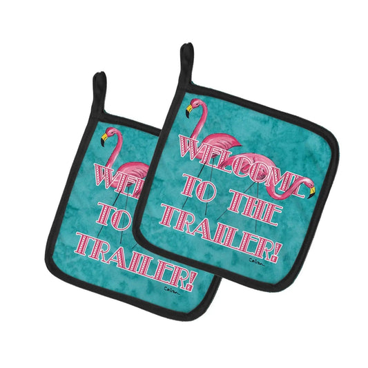 Pot Holder Set of 2 | Heat Resistant Quilted Hot Pads | 7.5 x 7.5 Inch | Welcome to the Trailer with Flamingos