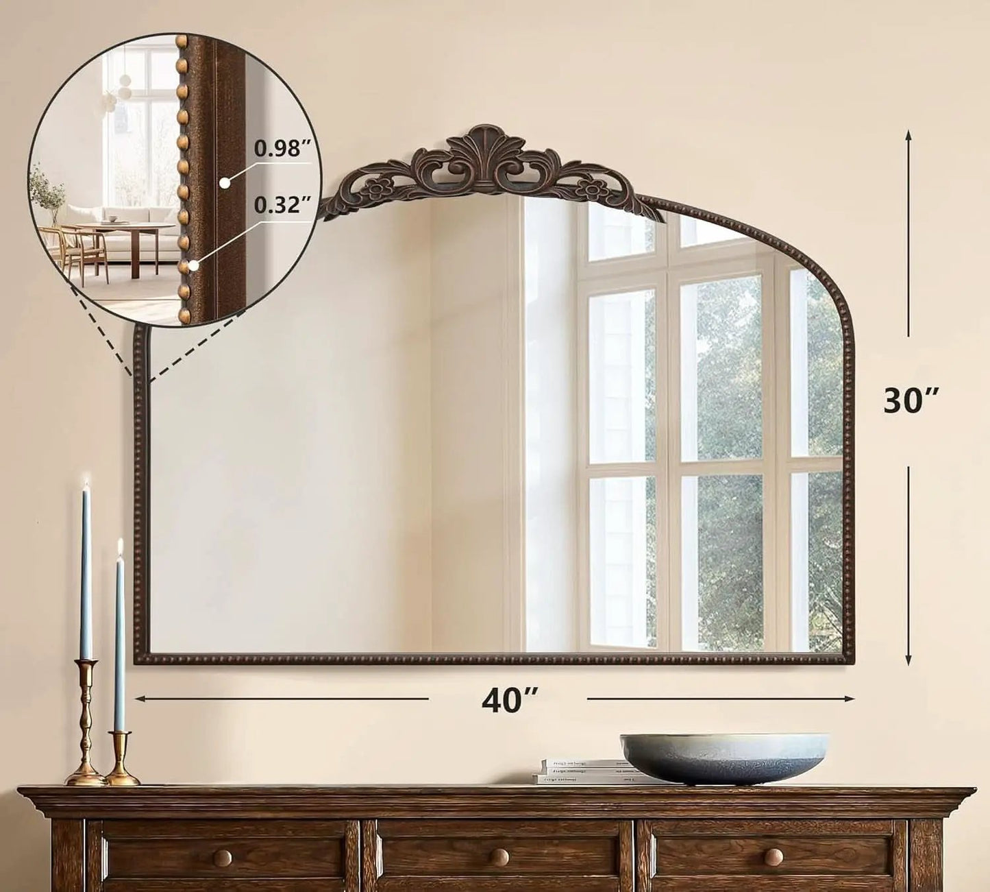 Bronze Vintage Baroque Mirror 40 By 30 Inch Arch Wall Mount from PriceLows™