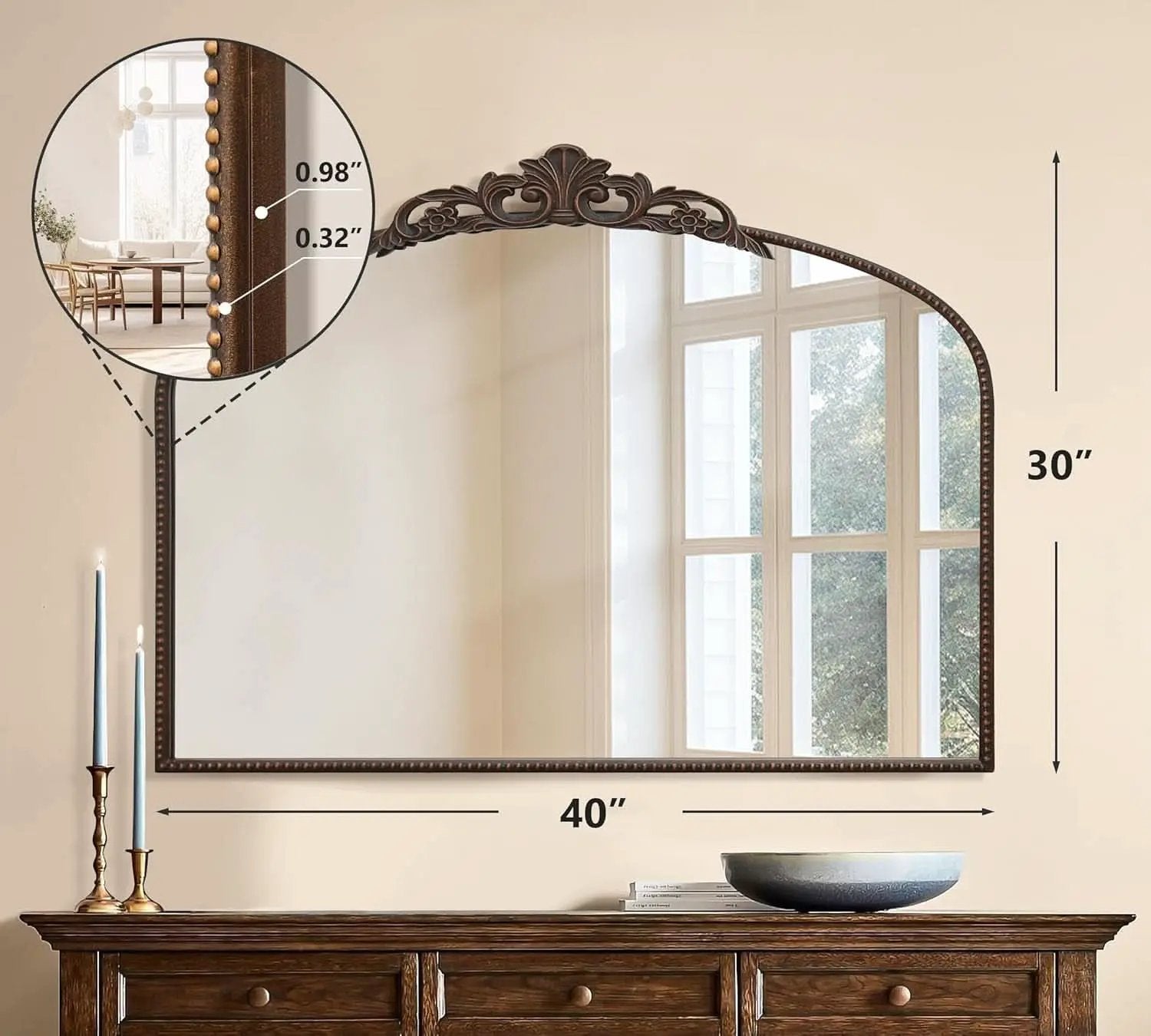 Bronze Vintage Baroque Mirror 40 By 30 Inch Arch Wall Mount from PriceLows™
