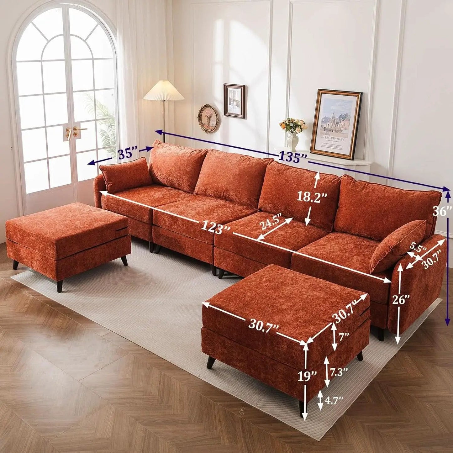 Velvet Orange 135 Modular Sectional Sofa Storage Ottoman from PriceLows™