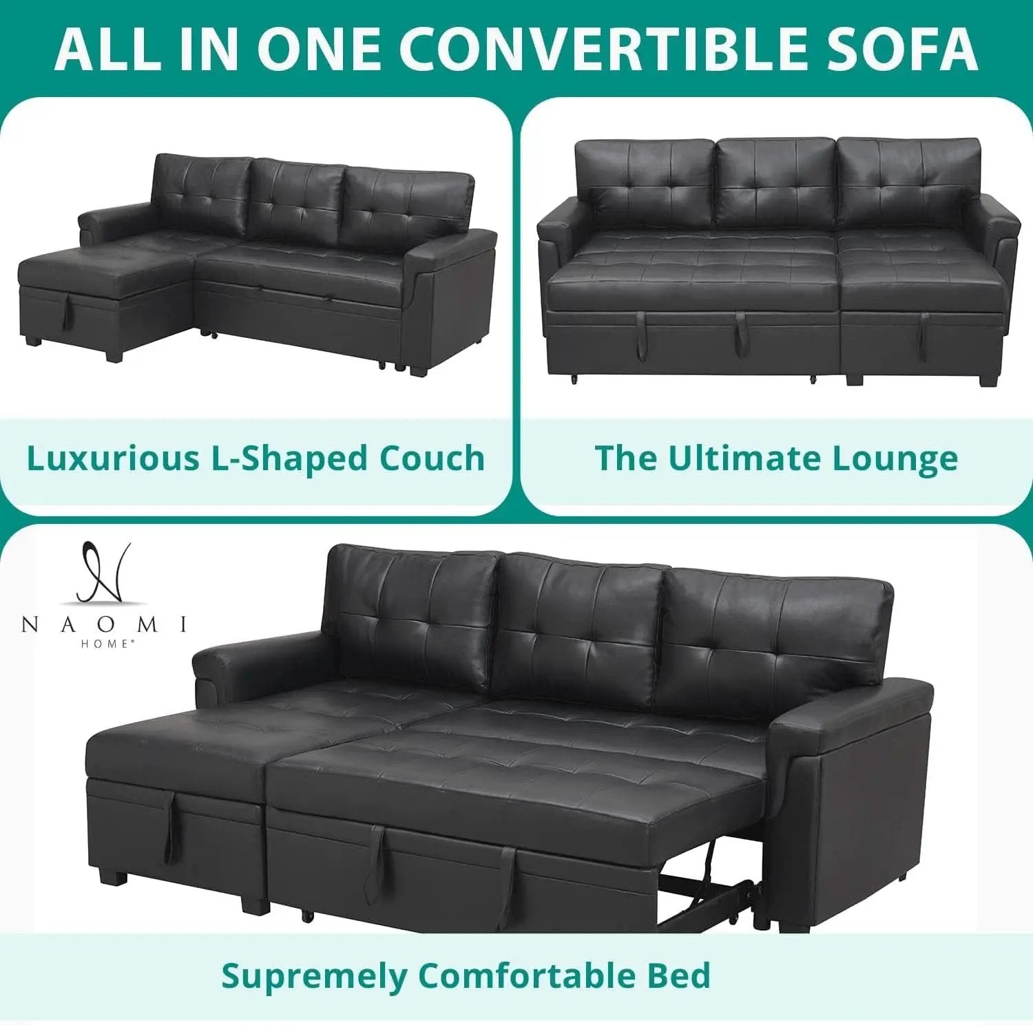 Sleeper Sectional Sofa Black Leather With Convertible Bed from PriceLows™