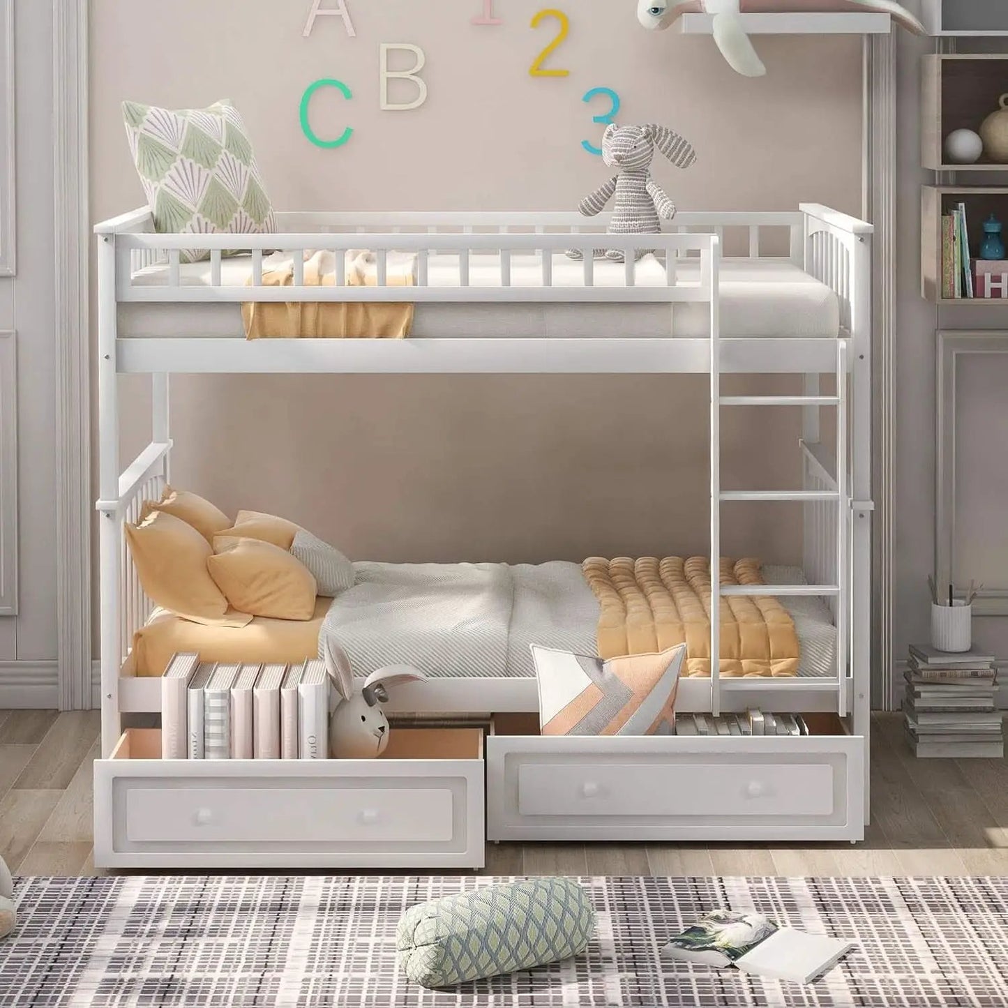 White Convertible Wood Twin Over Twin Bunk Bed With Storage Drawers from PriceLows™