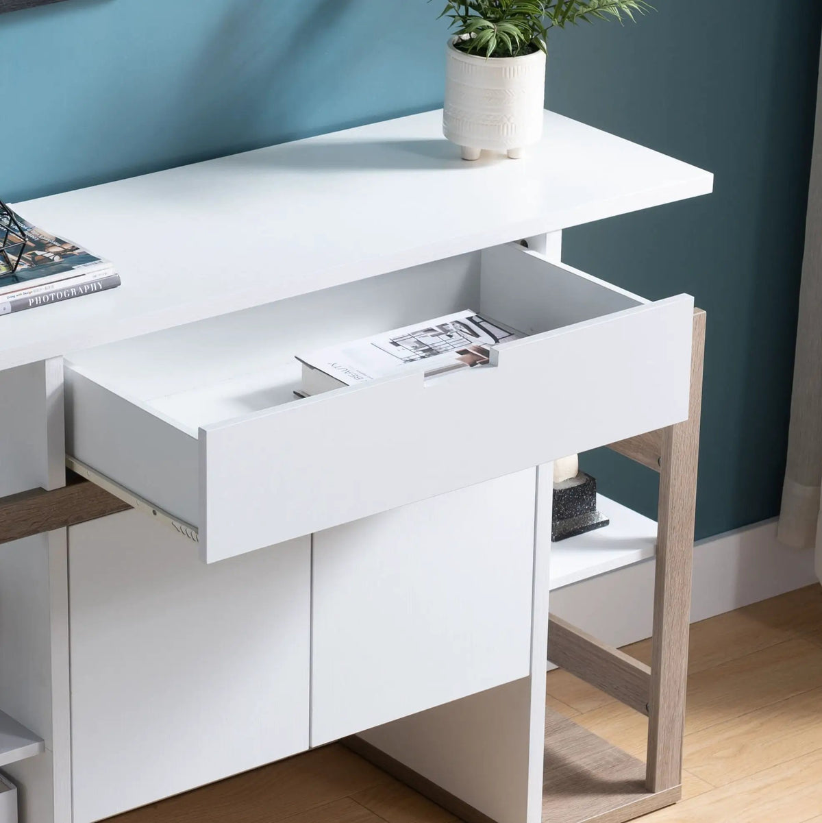 Kitchen Buffet Cabinet | 4 Open Shelves | Two Door Cabinets | White And Dark Taupe
