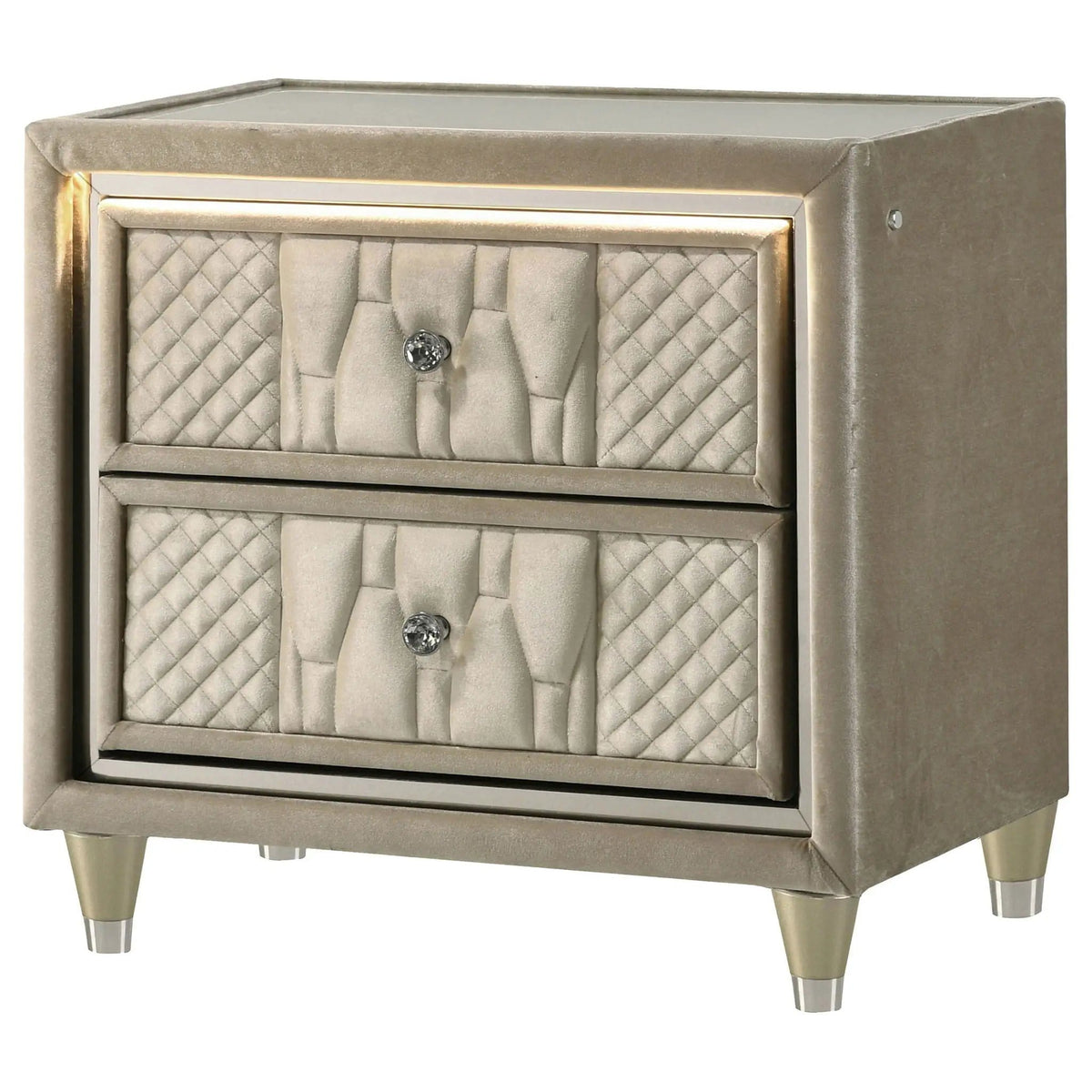 Lorient 2-drawer LED Nightstand with USB Ivory and Camel Nightstands w/ Charging | 27.75 x 16 x 26.25 in | Rubberwood & Velvet | Bedroom