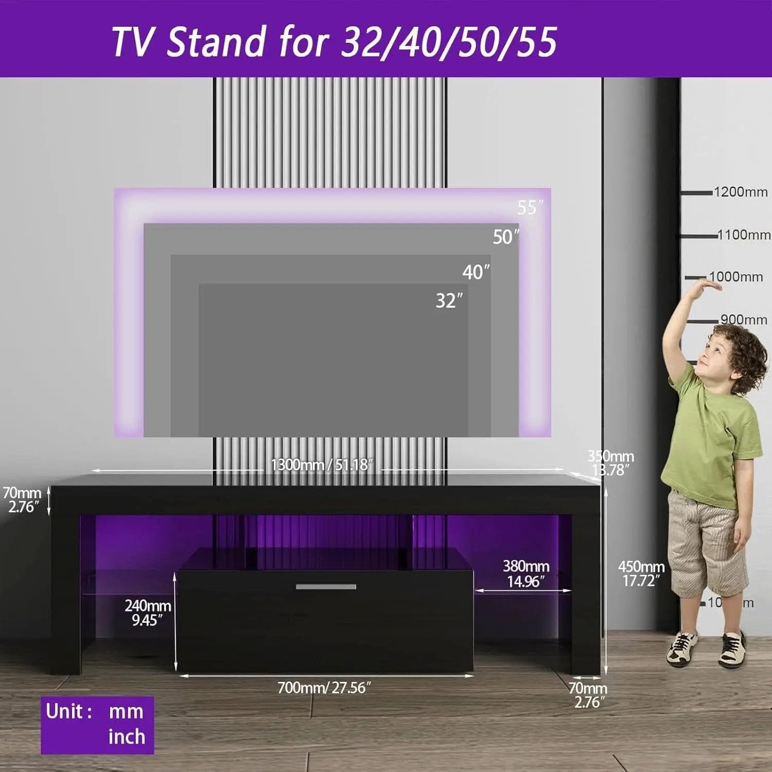 Black LED TV Stand With Large Storage Drawer For TVs Up To 55 Inches from PriceLows™