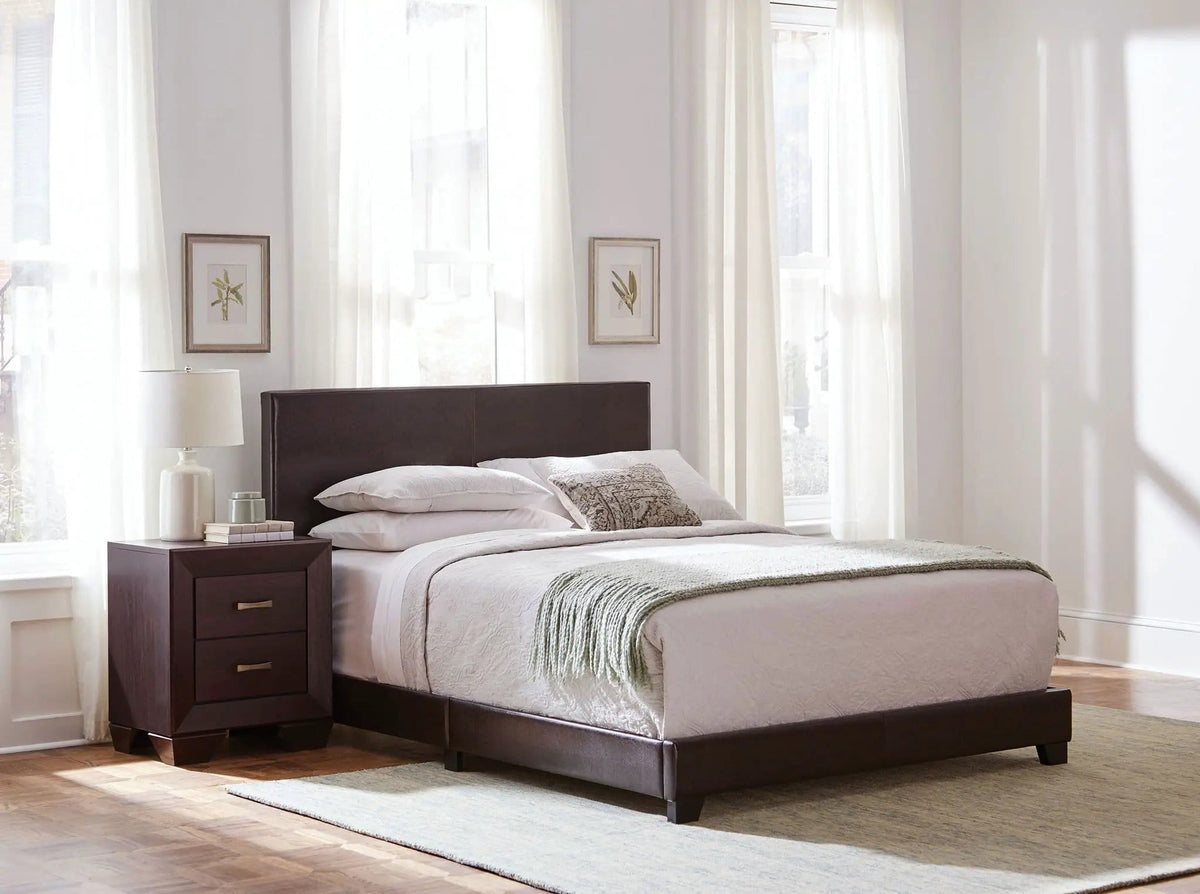 Dorian Faux Leather Upholstered Queen Panel Bed | 64.25 x 86.25 x 45.75 in | Faux Leather & Wood | Brown