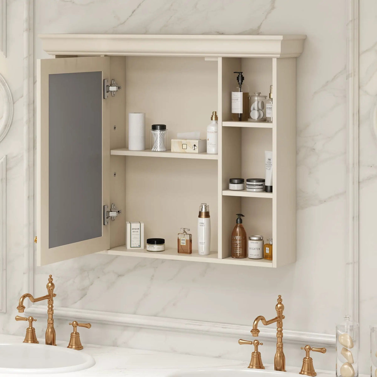 Wall Mounted Bathroom Storage Cabinet | Mirror Door | Silver Metal Handles | Open Shelves