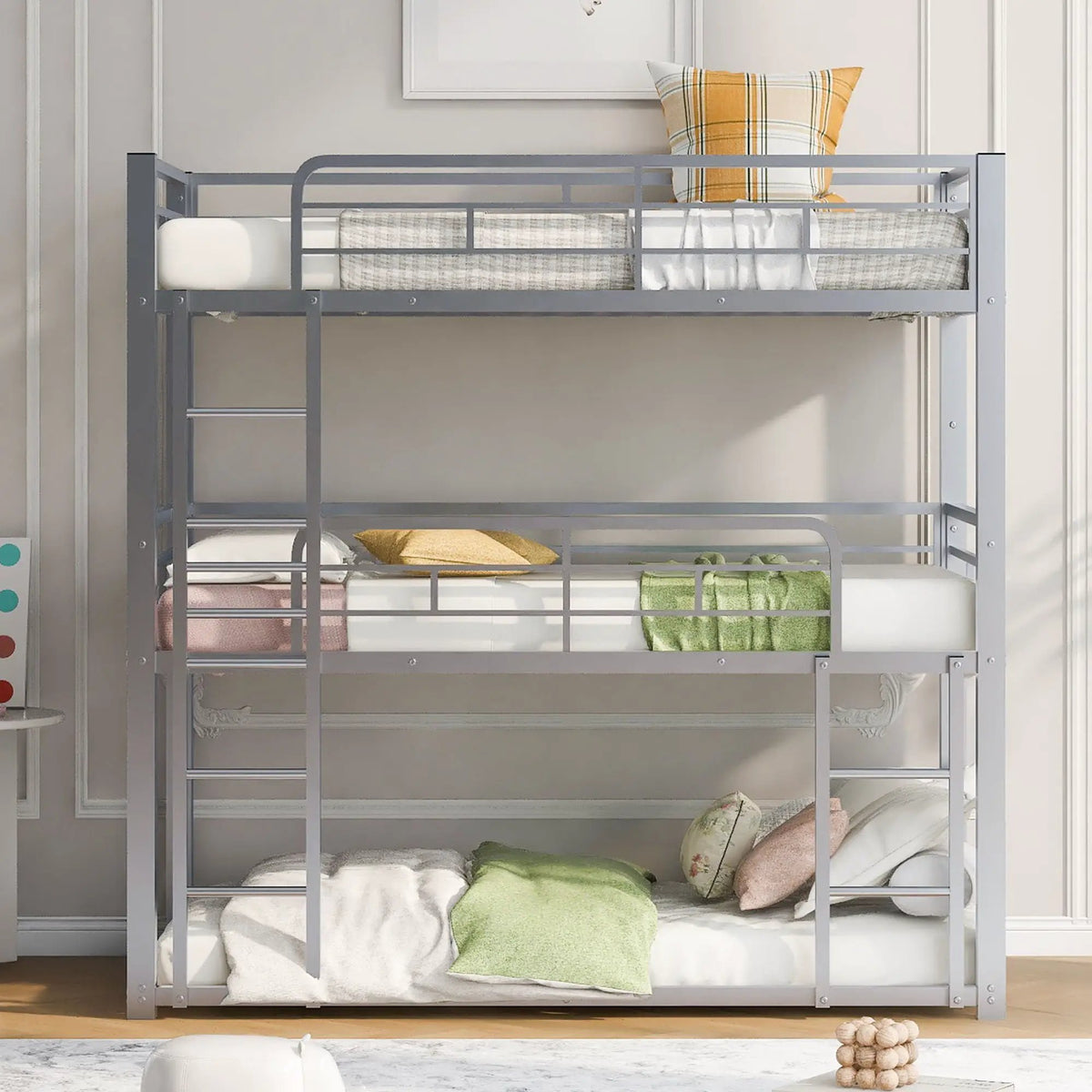 Triple Bunk Bed | Solid Metal Frame | Safety Guardrails | Space Saving