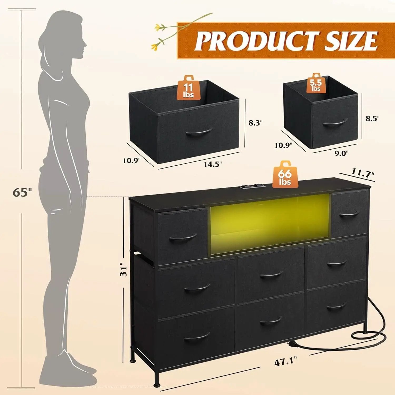 Black Fabric Dresser With Charging Station And LED Lights from PriceLows™