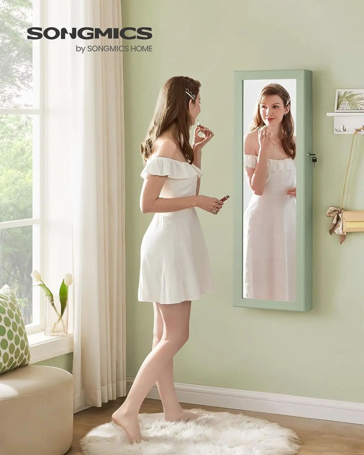 Laurel Green 47 Inch Tall Lockable Mirror Jewelry Armoire from PriceLows™