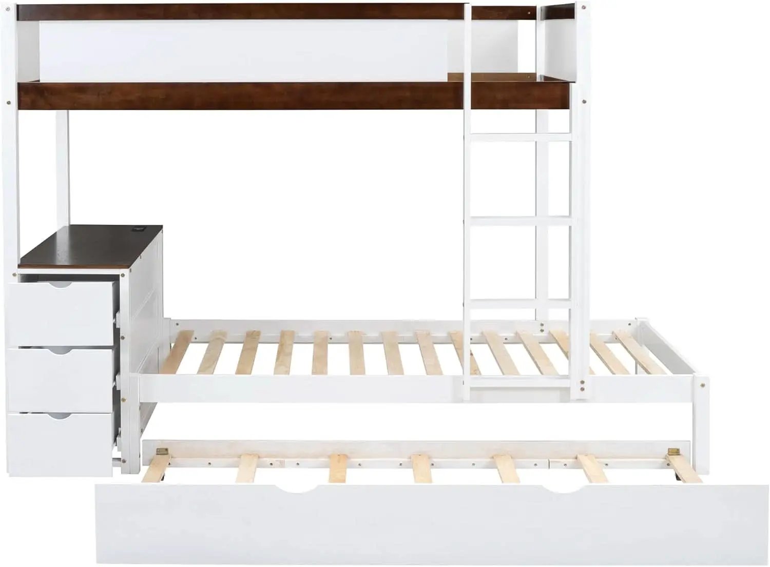 Twin Over Twin Bunk Bed With Desk USB Ports White Walnut from PriceLows™
