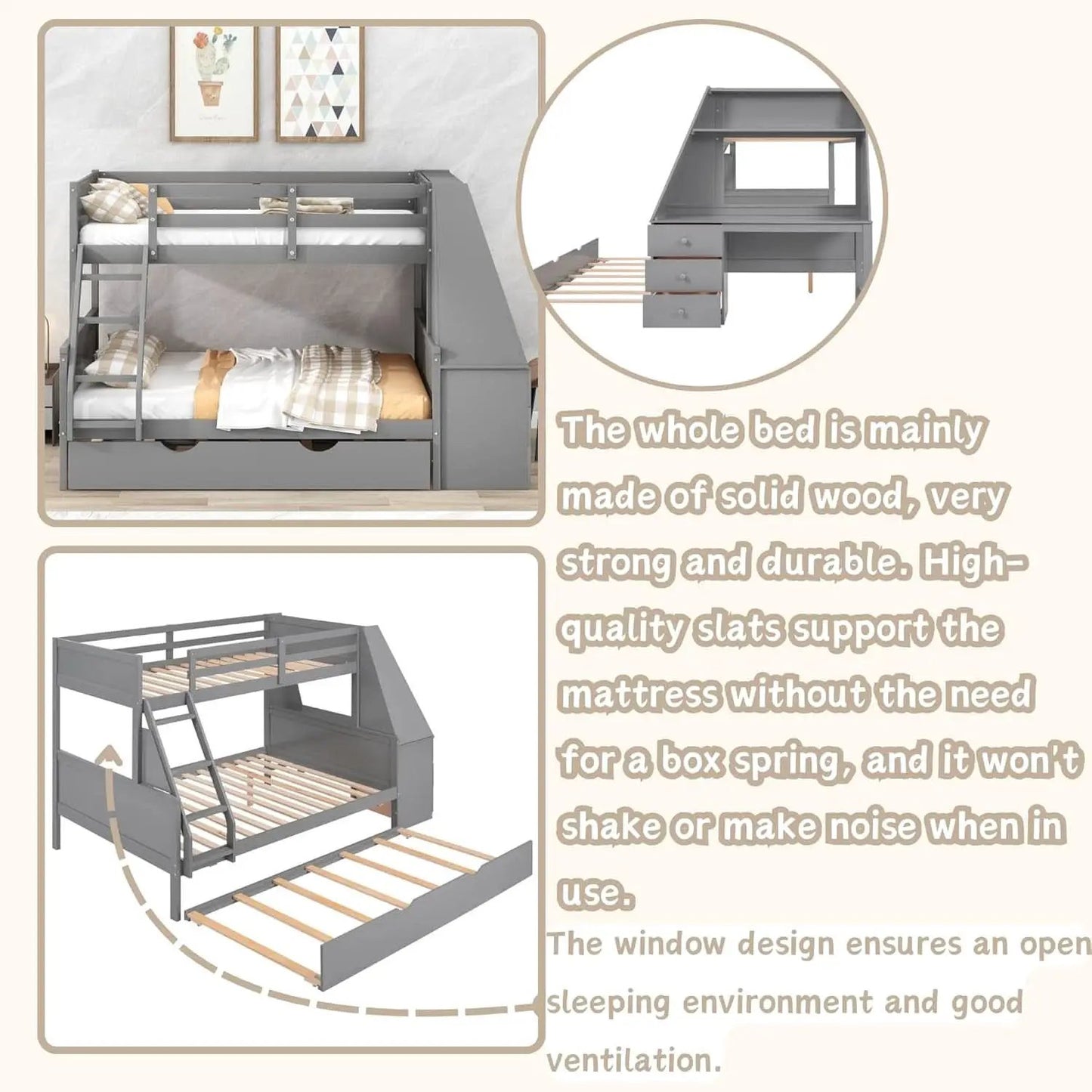 Gray Twin Over Full Bunk Bed With Trundle And Desk from PriceLows™