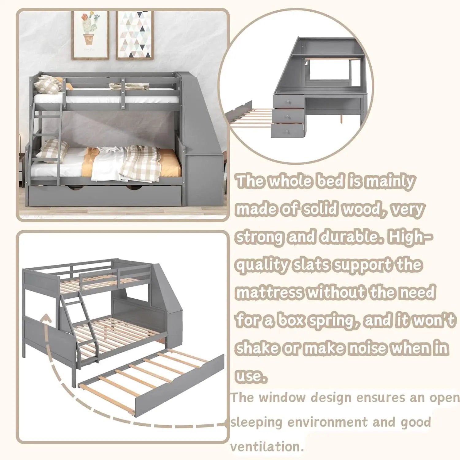 Gray Twin Over Full Bunk Bed With Trundle And Desk from PriceLows™