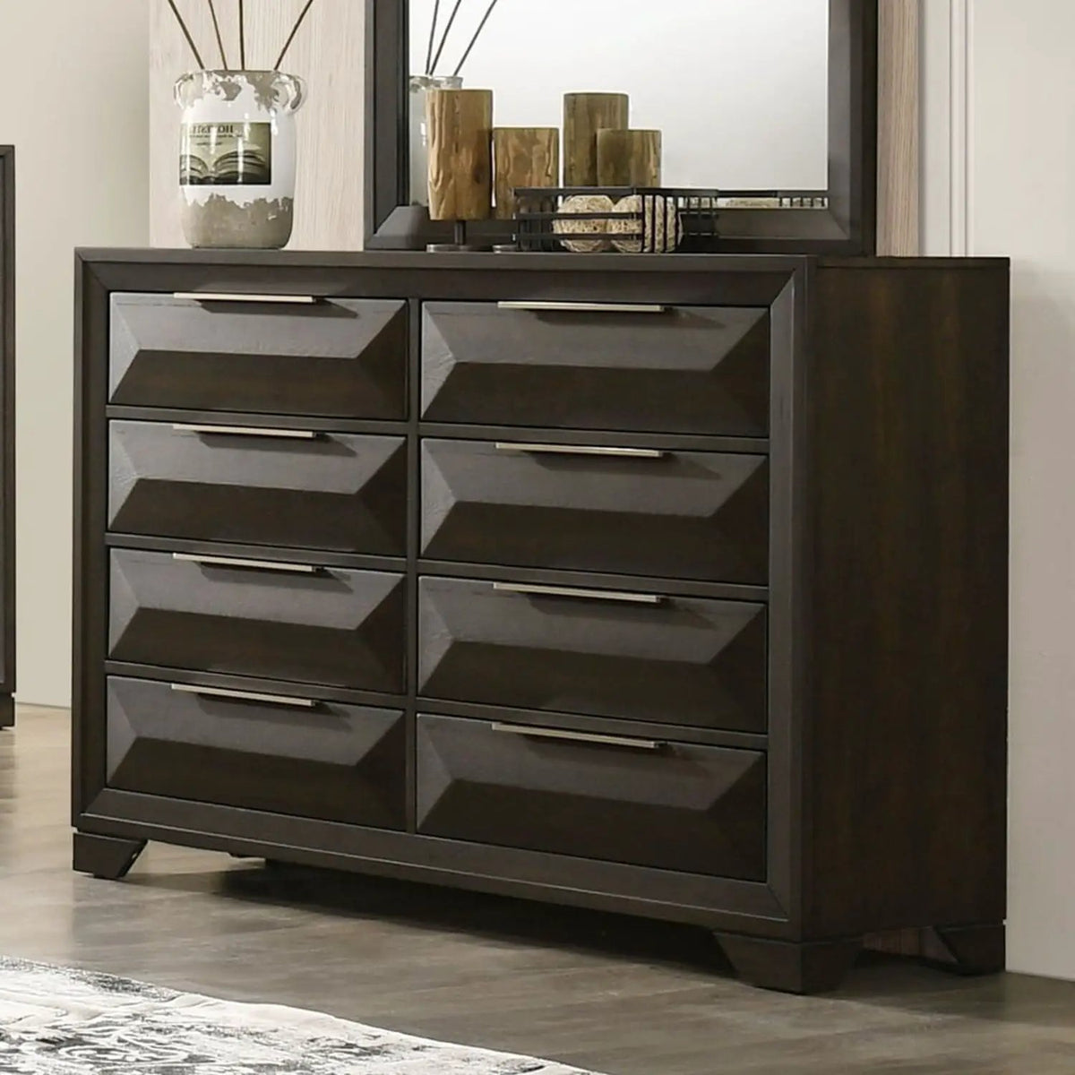 8 Drawer Dresser With Mirror | Espresso Finish | Beveled Bracket Feet | Transitional Style