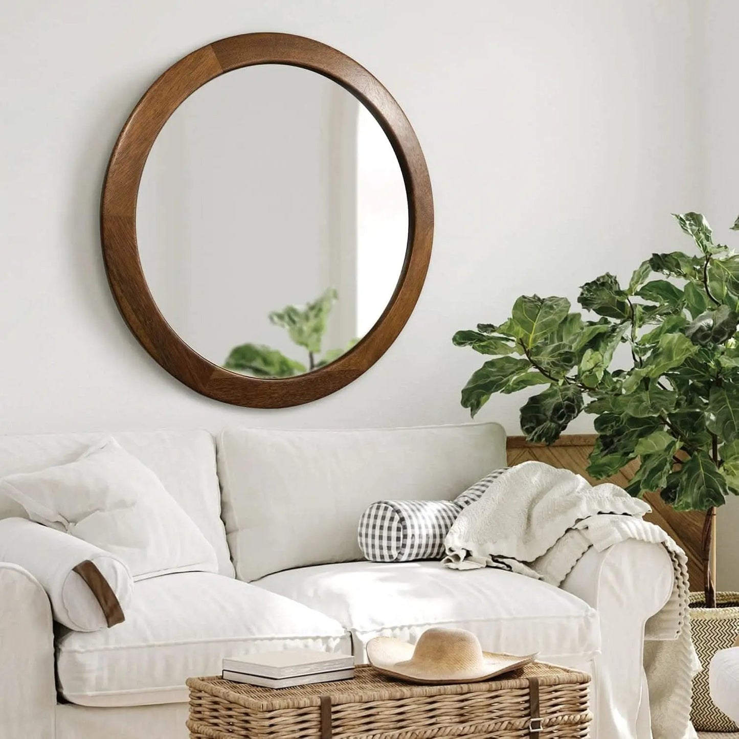 30 Inch Walnut Round Wall Mirror Rustic Style from PriceLows™