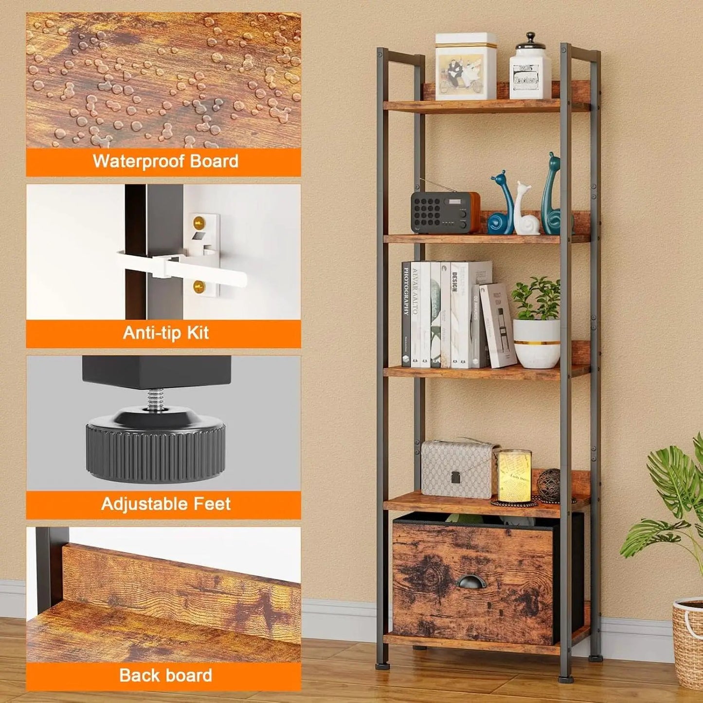 5 Tier Bookshelf With Drawer Tall Narrow Wood Bookcase from PriceLows™