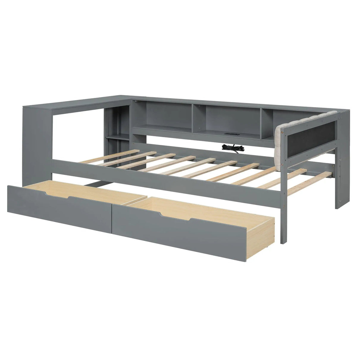 Upholstered Headboard Platform Bed | Storage Shelves | Two Drawers | Charging Station