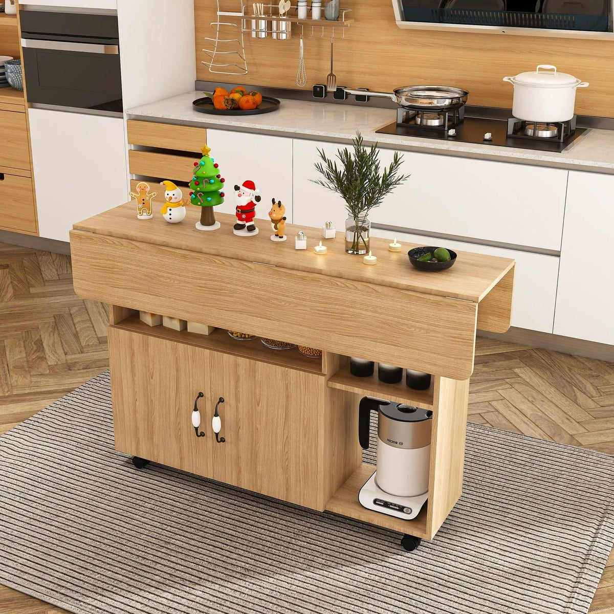 Multi Functional Folding Table With Storage Shelves And Wheels Island | 3 Pieces | Home Furniture | Home