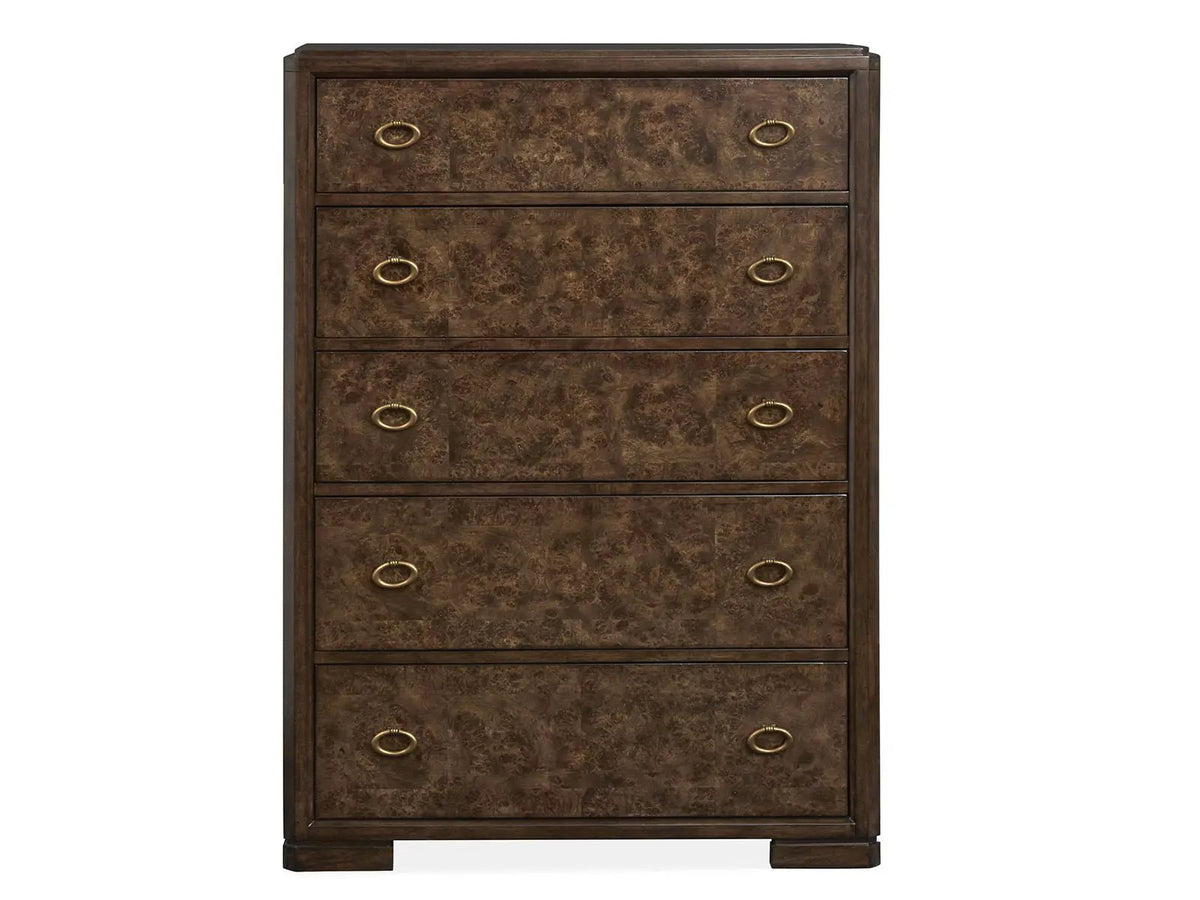 Rowan Drawer Chest | Espresso Finish | Mapa Burl And Birch Veneer | Five Storage Drawers