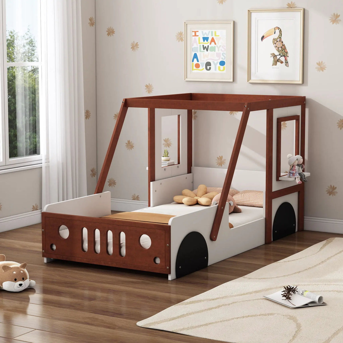 Twin Car Bed | Solid Wood Frame | Car Shaped Design | White Orange