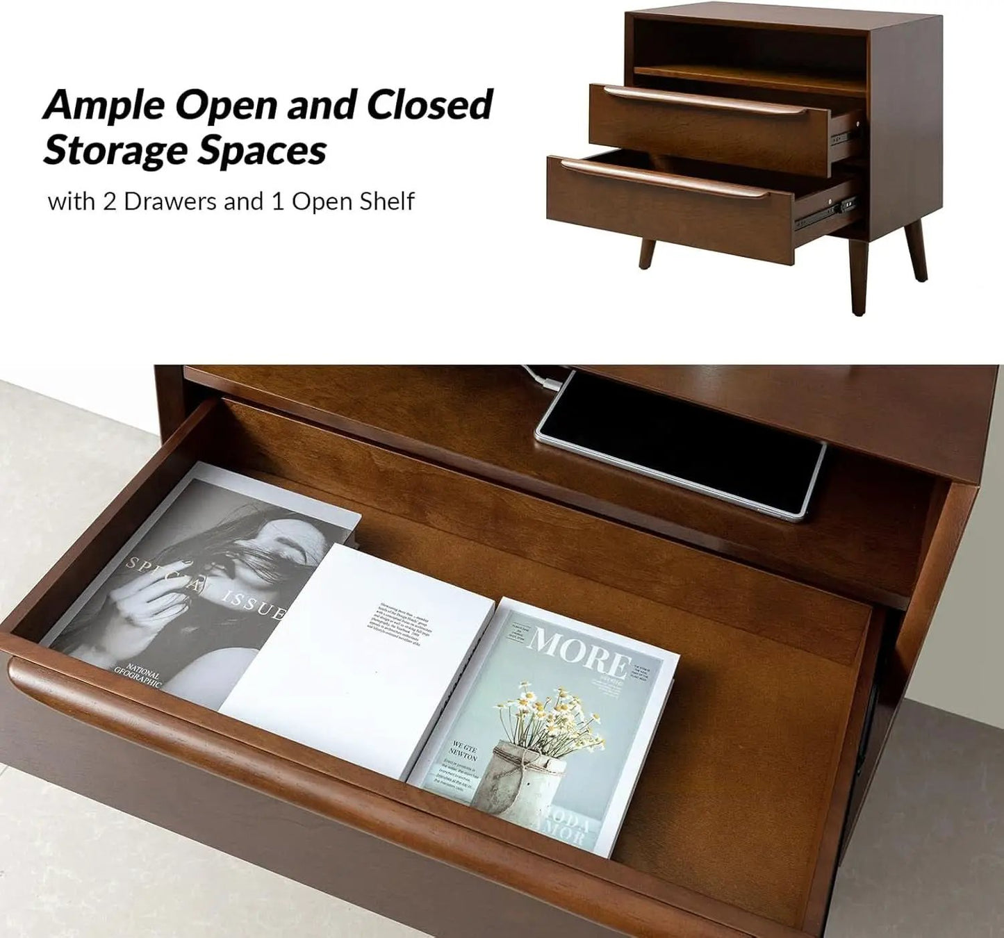 Nightstand With Charging Station Walnut Mid Century Modern from PriceLows™