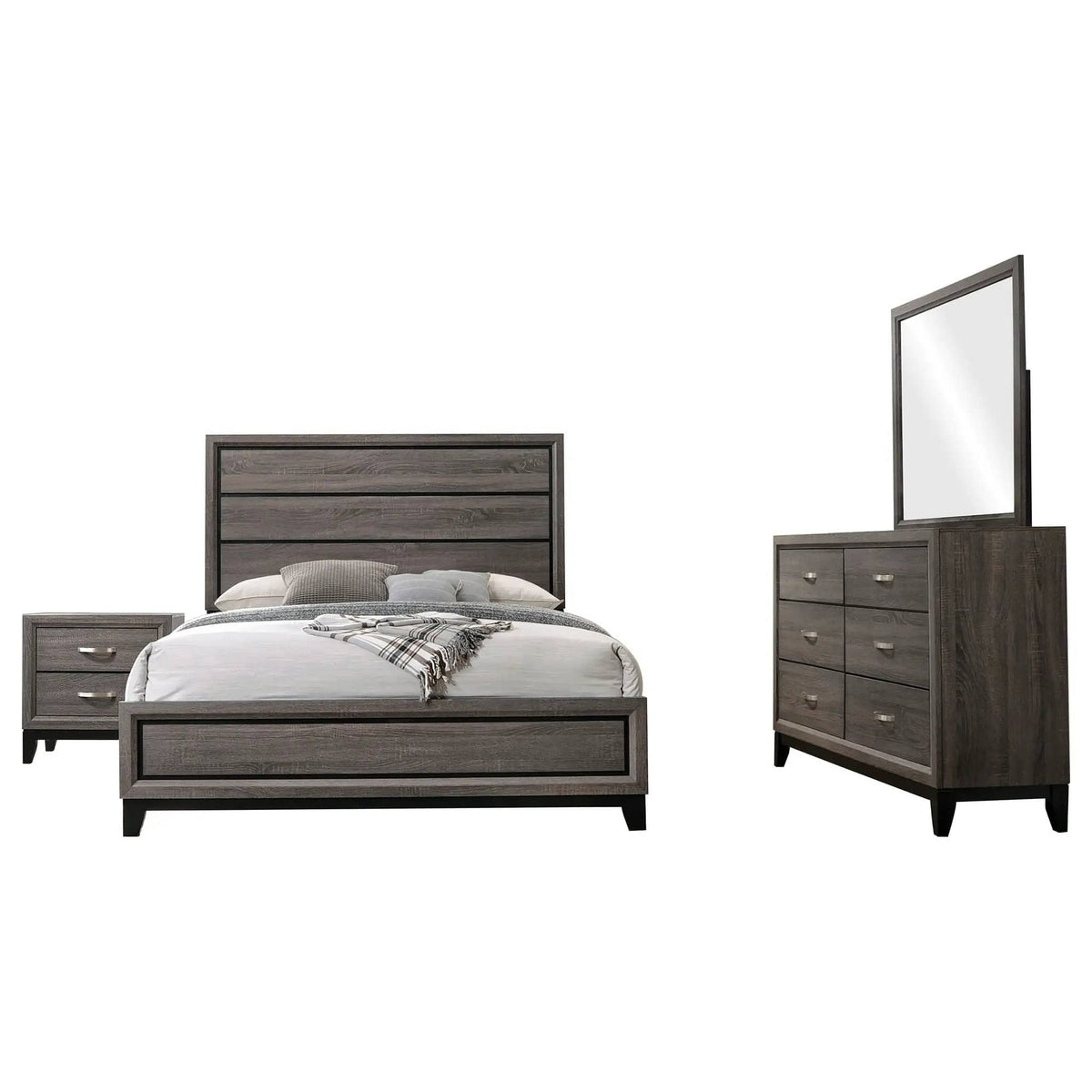 Watson Four-piece Queen Bedroom Set Grey | 63.5 x 84.5 x 56.5 in | Rubberwood & Engineered Wood | Oak