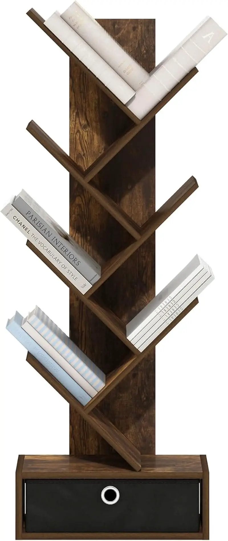 Tree Bookshelf 7 Tier Floor Standing Bookcase Amber Pine Black from PriceLows™