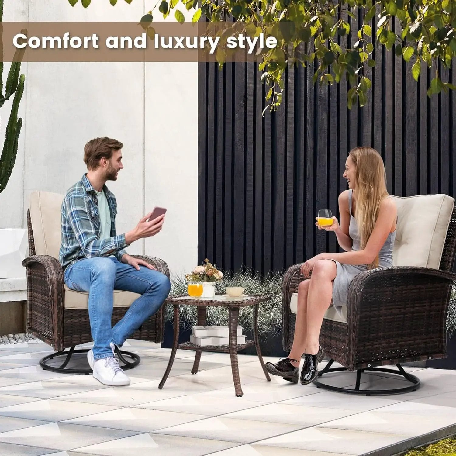 Two Outdoor Swivel Wicker Glider Patio Chairs With Table Set Brown Rattan And Beige Cushions from PriceLows™