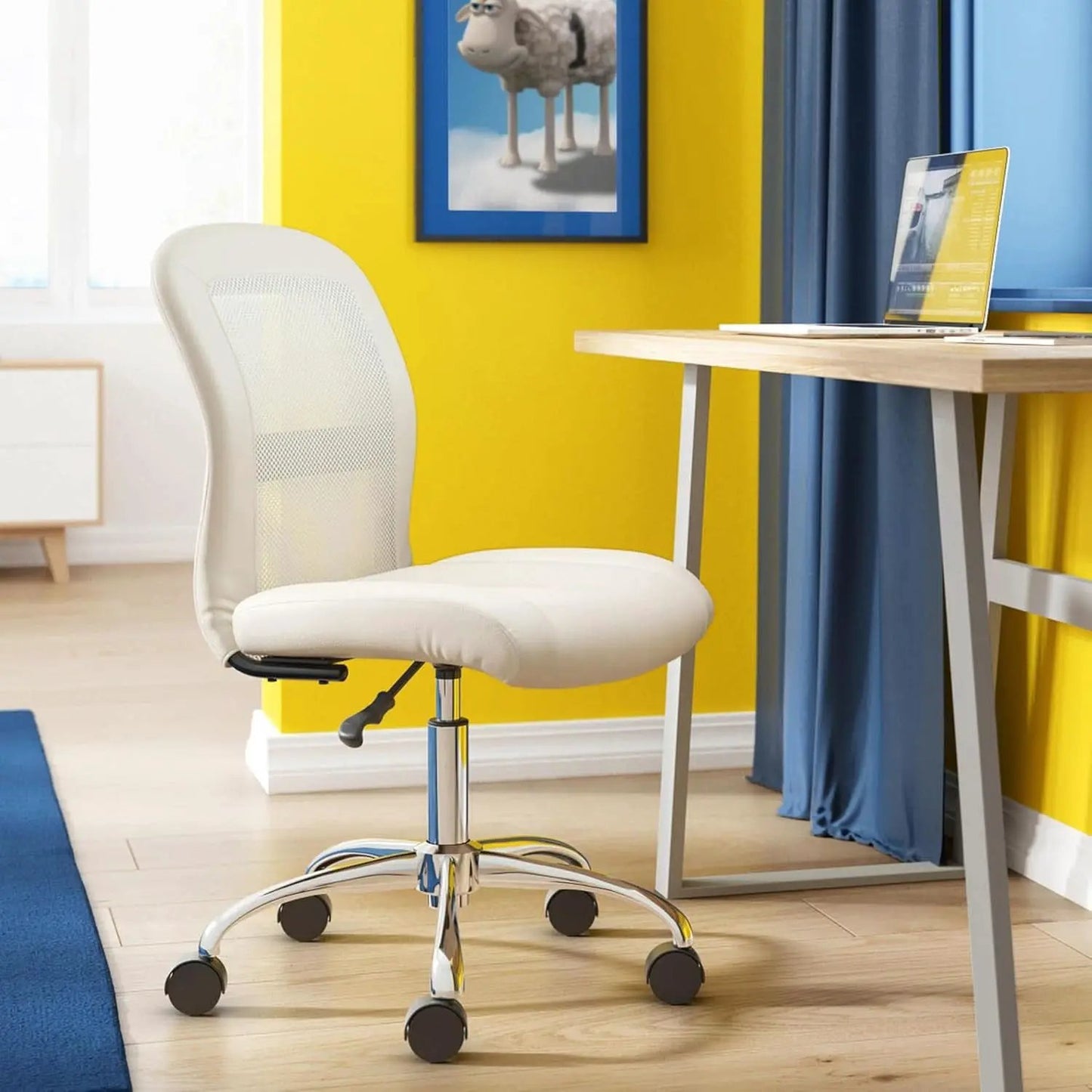 Armless Desk Chair With Mesh Back And Wheels Cream White from PriceLows™