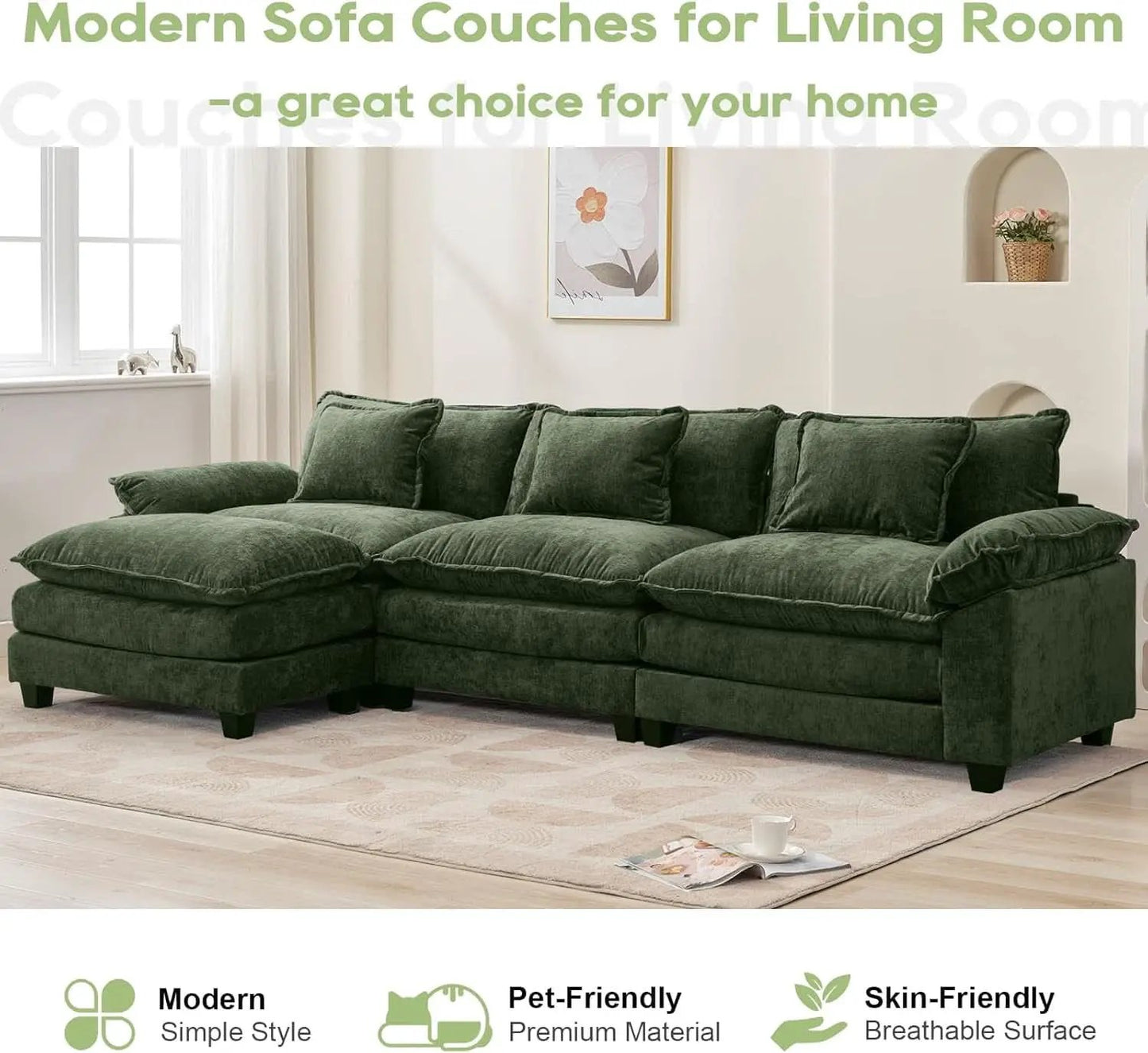 120Inch Green Modular Sectional Sofa Featuring Ottoman from PriceLows™