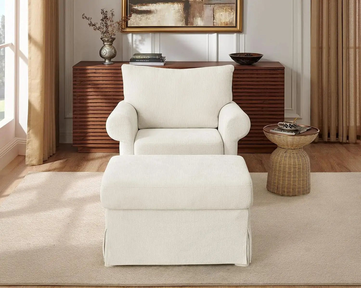 Beige Chenille Contemporary Ottoman Reading Chair Set from PriceLows™